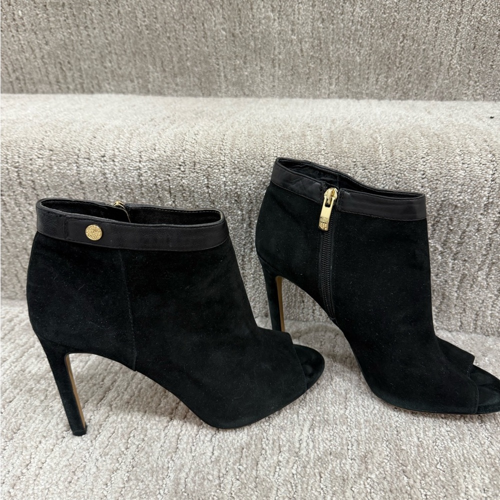 Vince Camuto Black Heeled Boots with Peep Toe Sleek High Heel Design